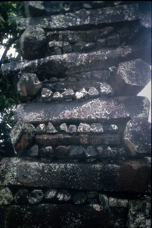 This ancient artificial island in Micronesia still defies archaeology. Close-up of columnar basalt masonry at Nan Madol, showing interlocked volcanic stones without mortar.