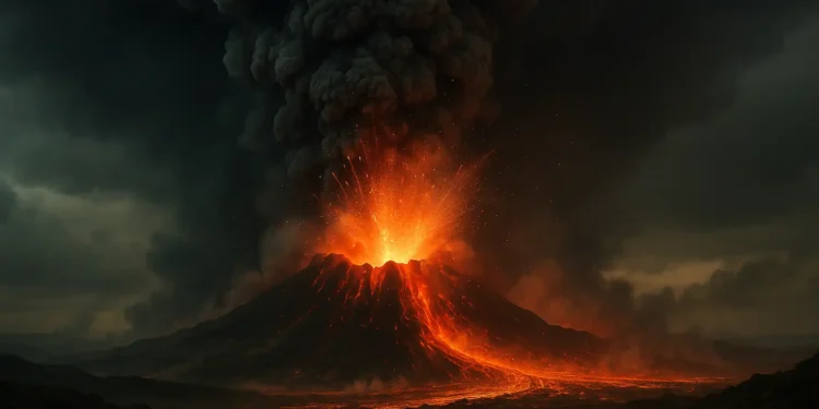 The vanished supervolcano that may have changed human history. An illustration of the eruption.