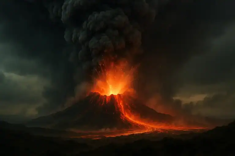 The vanished supervolcano that may have changed human history. An illustration of the eruption.