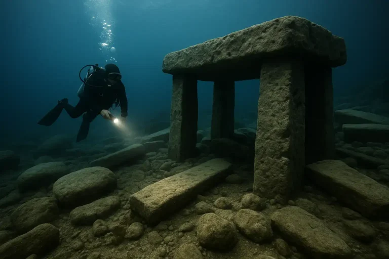 Scuba diver beside a submerged stone structure on a rocky seafloor.