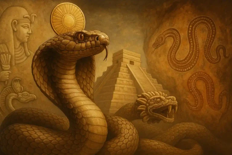 Stylized cobra, stepped pyramid, and serpent motifs from ancient cultures.