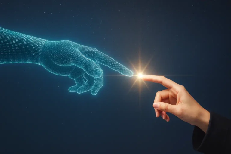 A digital hand reaches toward a human hand in a visual reference to The Creation of Adam.