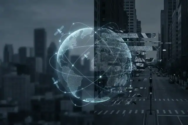 A digital globe with satellite icons and connection lines over a city street, split by a glitch effect suggesting a GPS signal disruption.
