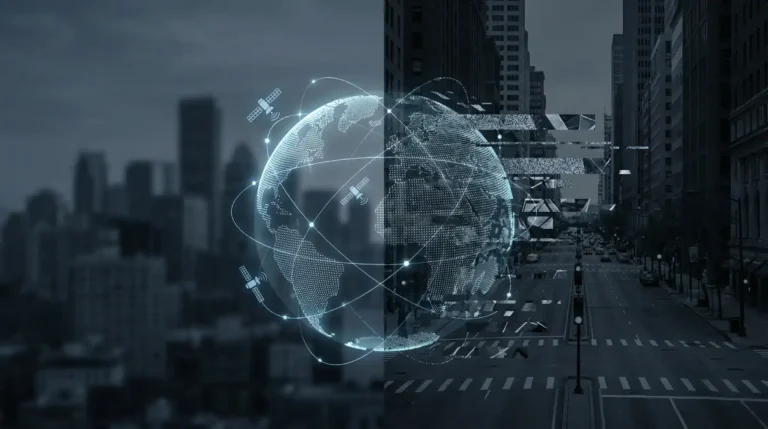 A digital globe with satellite icons and connection lines over a city street, split by a glitch effect suggesting a GPS signal disruption.