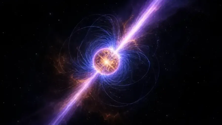 Illustration of a magnetar bending the polarization of light