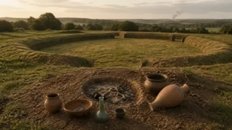Illustration of an archaeological excavation and a faint enclosure