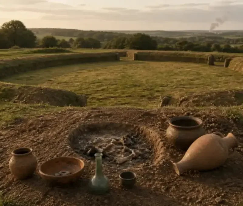 Illustration of an archaeological excavation and a faint enclosure