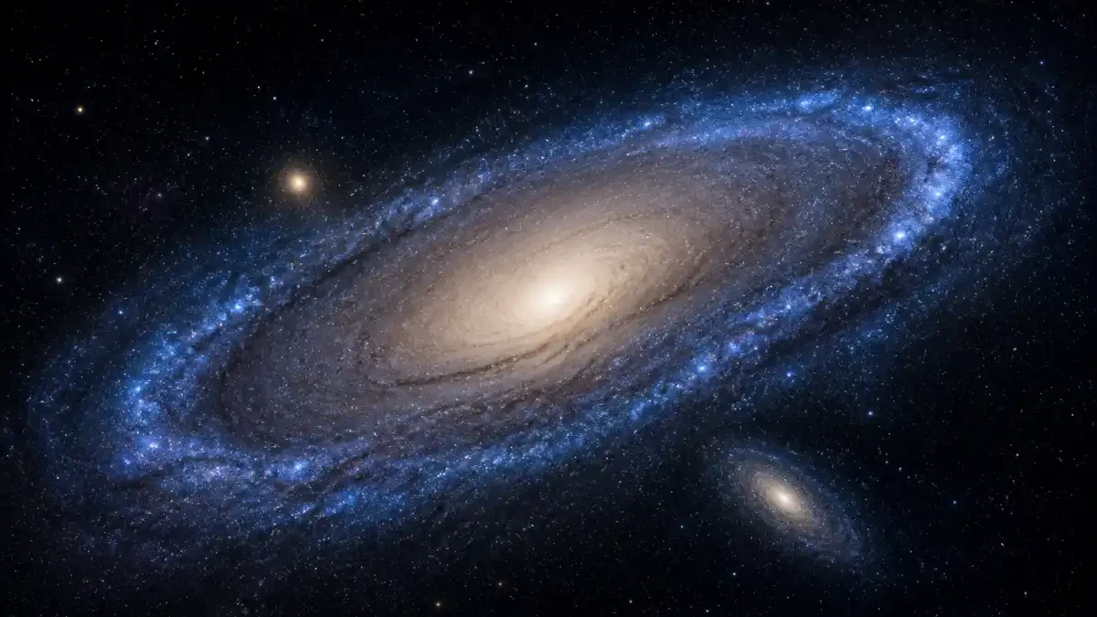 Editorial illustration of the Andromeda galaxy with a fading blue star-forming ring