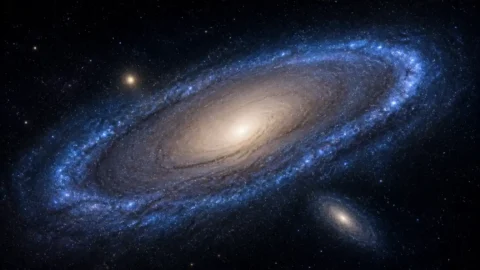 Editorial illustration of the Andromeda galaxy with a fading blue star-forming ring