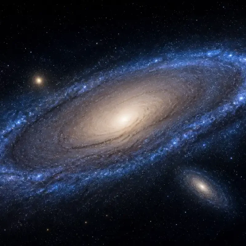 Editorial illustration of the Andromeda galaxy with a fading blue star-forming ring