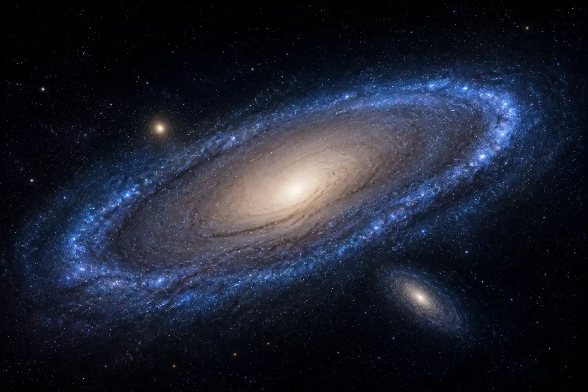Editorial illustration of the Andromeda galaxy with a fading blue star-forming ring