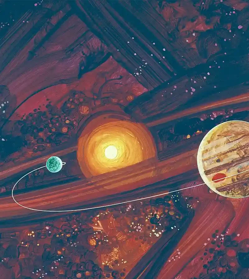 An artistic view of a spacecraft crossing the sparse asteroid belt between Mars and Jupiter