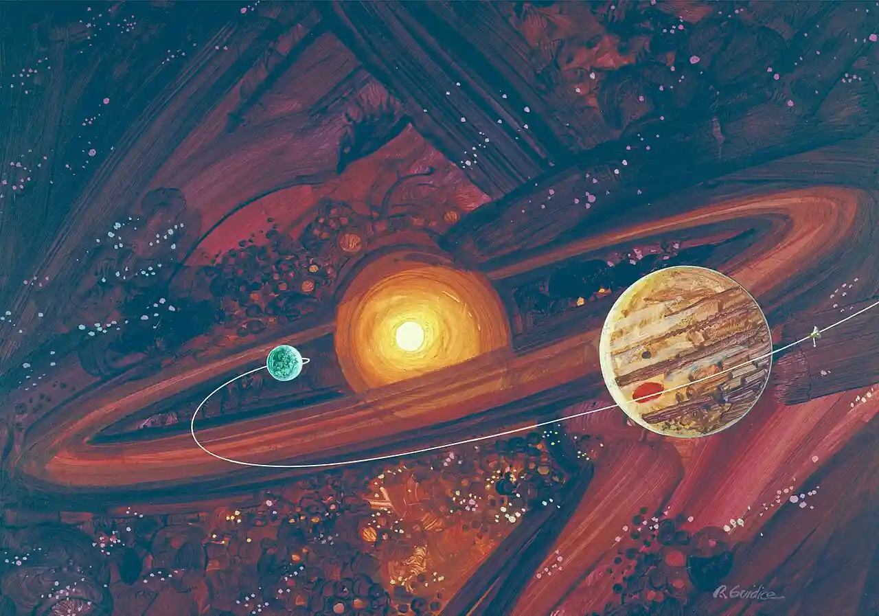 An artistic view of a spacecraft crossing the sparse asteroid belt between Mars and Jupiter