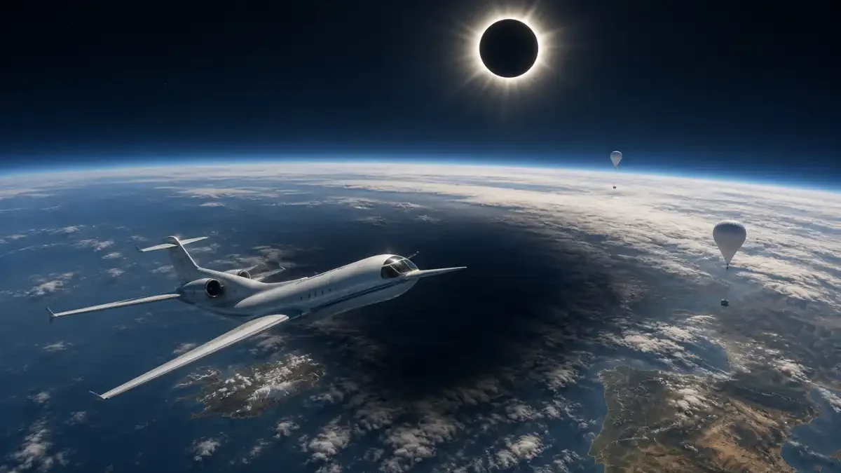 Editorial illustration of a NASA research jet and scientific balloons crossing the Moon’s shadow during a total solar eclipse