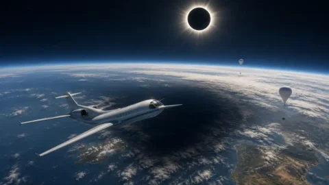 Editorial illustration of a NASA research jet and scientific balloons crossing the Moon’s shadow during a total solar eclipse