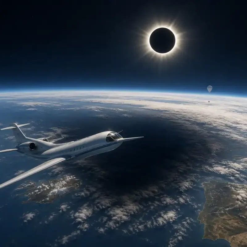 Editorial illustration of a NASA research jet and scientific balloons crossing the Moon’s shadow during a total solar eclipse