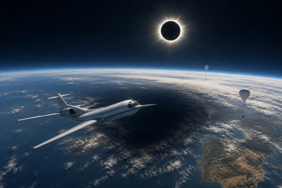 Editorial illustration of a NASA research jet and scientific balloons crossing the Moon’s shadow during a total solar eclipse