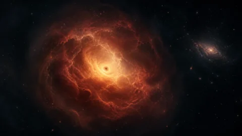 Artist's illustration of a black hole star: a black hole surrounded by a glowing cocoon of gas in the early universe