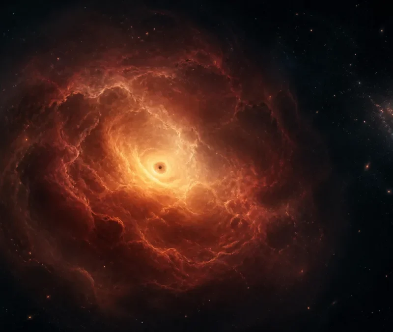 Artist's illustration of a black hole star: a black hole surrounded by a glowing cocoon of gas in the early universe