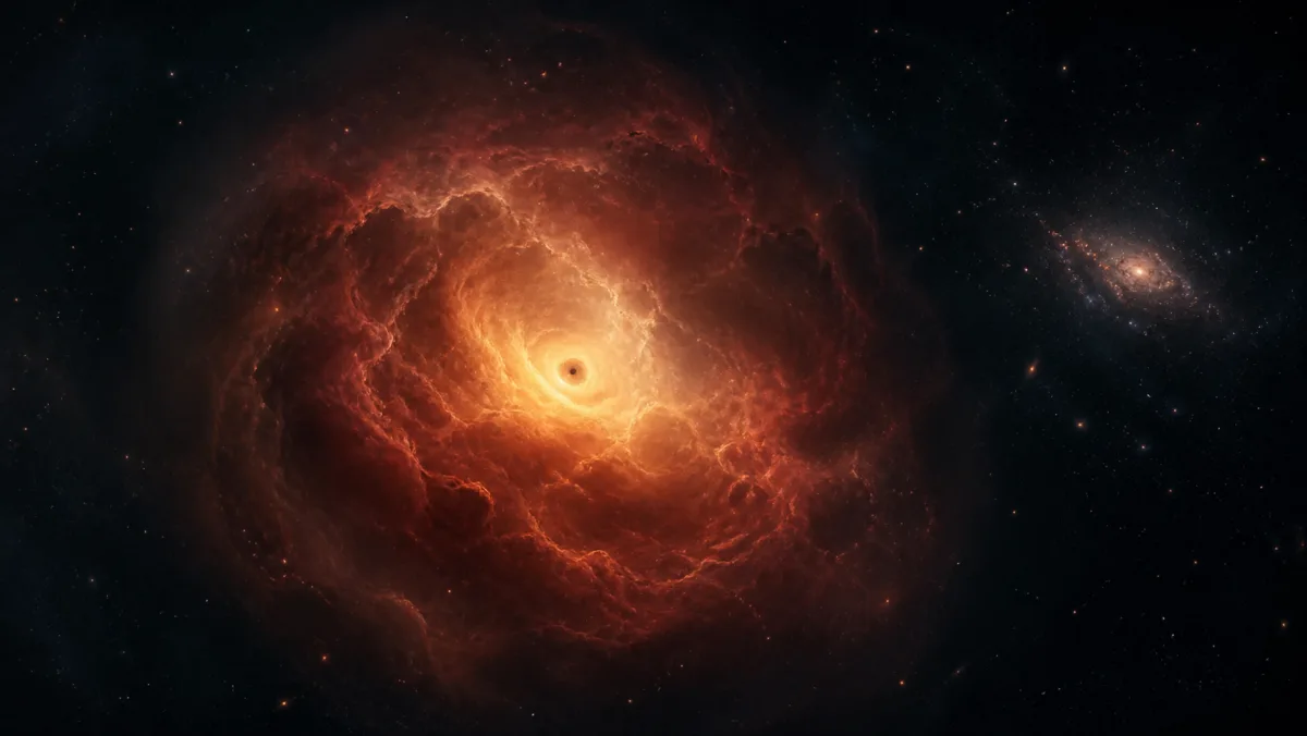 Artist's illustration of a black hole star: a black hole surrounded by a glowing cocoon of gas in the early universe