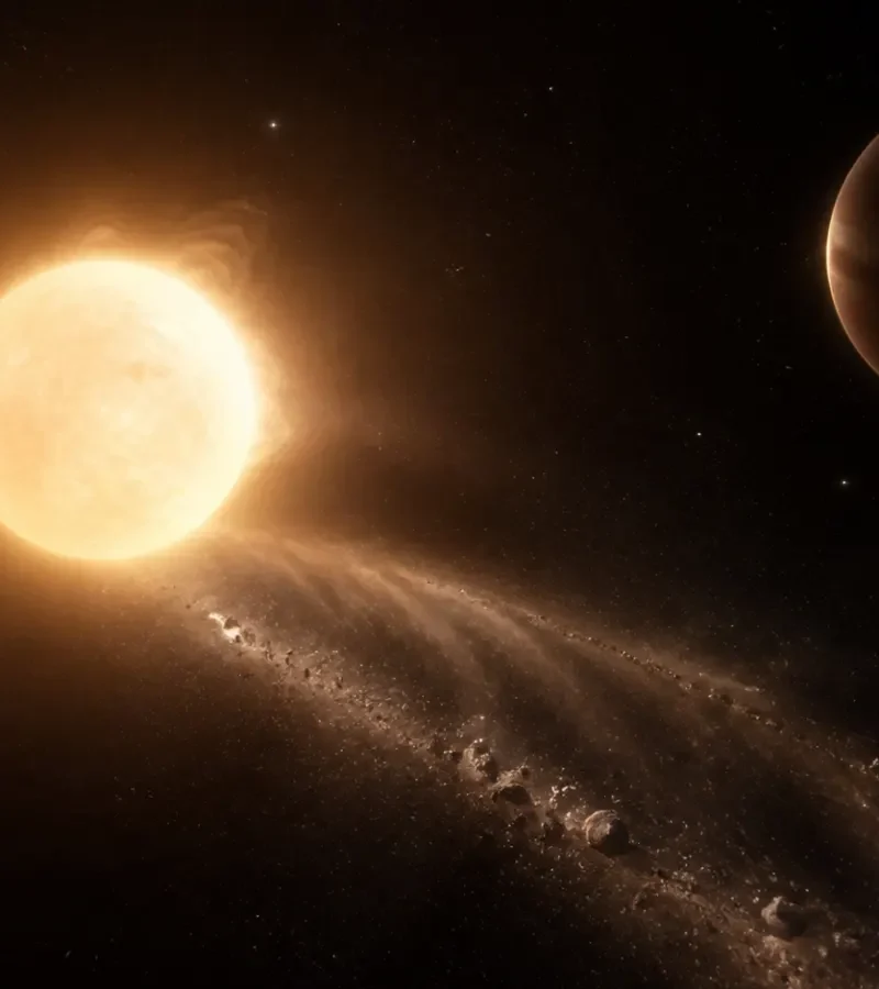 Conceptual illustration of Boyajian’s Star with a giant companion and a cloud of cometary dust
