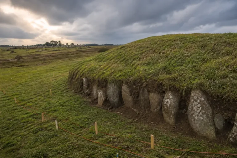 A Neolithic burial mound in Brittany with buried granite stones and archaeological survey cables