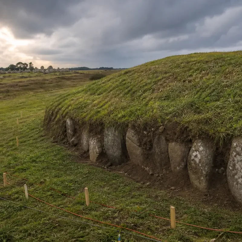 A Neolithic burial mound in Brittany with buried granite stones and archaeological survey cables