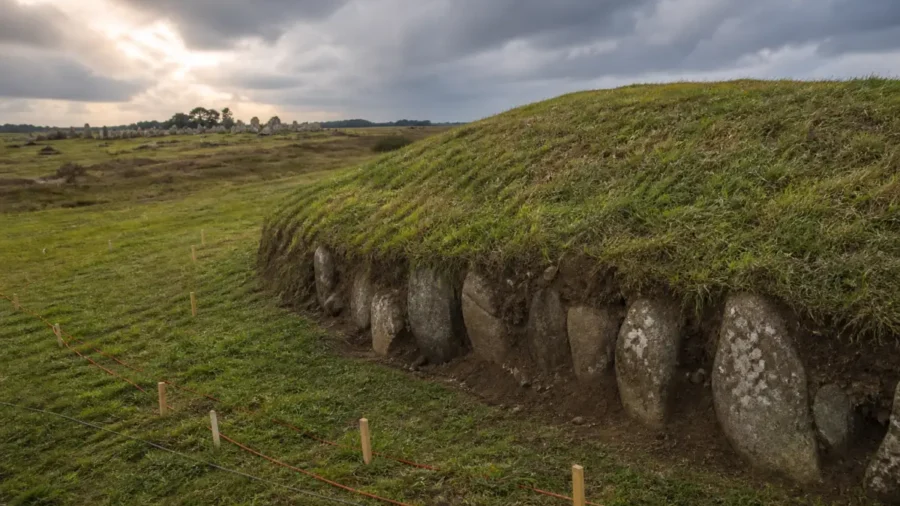 A Neolithic burial mound in Brittany with buried granite stones and archaeological survey cables