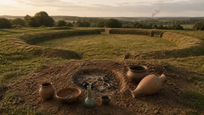 Illustration of an Iron Age cremation burial with pottery and glass vessels