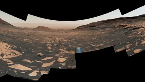 NASA’s Curiosity rover panorama looking down Mount Sharp into Gale Crater.