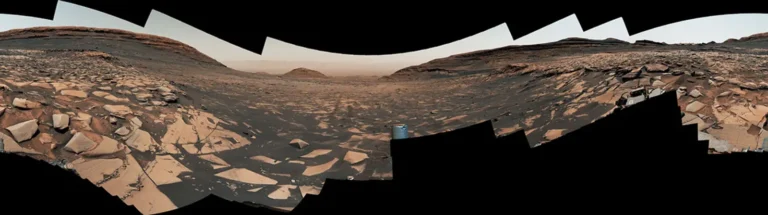 NASA’s Curiosity rover panorama looking down Mount Sharp into Gale Crater.