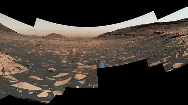 NASA’s Curiosity rover panorama looking down Mount Sharp into Gale Crater.