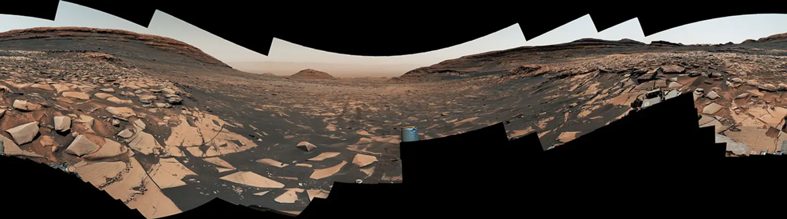NASA’s Curiosity rover panorama looking down Mount Sharp into Gale Crater.