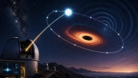 Editorial illustration of an astronomer measuring a star orbiting an unseen black hole beside an accretion disk