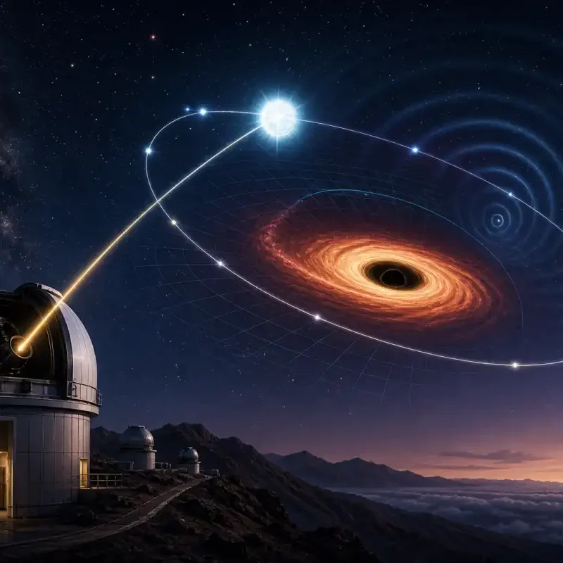 Editorial illustration of an astronomer measuring a star orbiting an unseen black hole beside an accretion disk