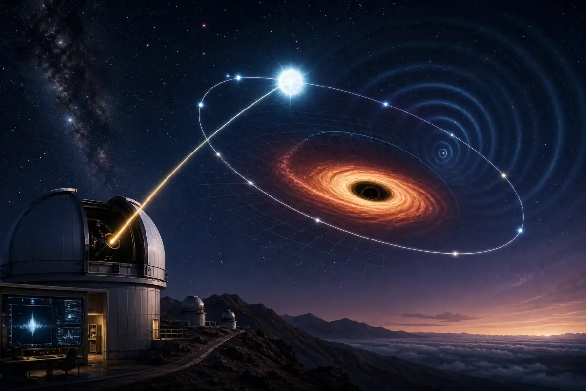 Editorial illustration of an astronomer measuring a star orbiting an unseen black hole beside an accretion disk
