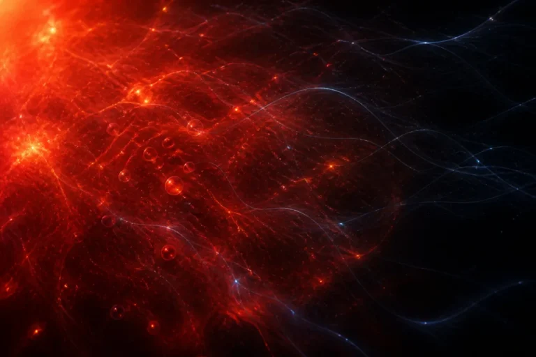 Abstract visualization of a hot early-universe plasma and a hypothetical dark-photon field