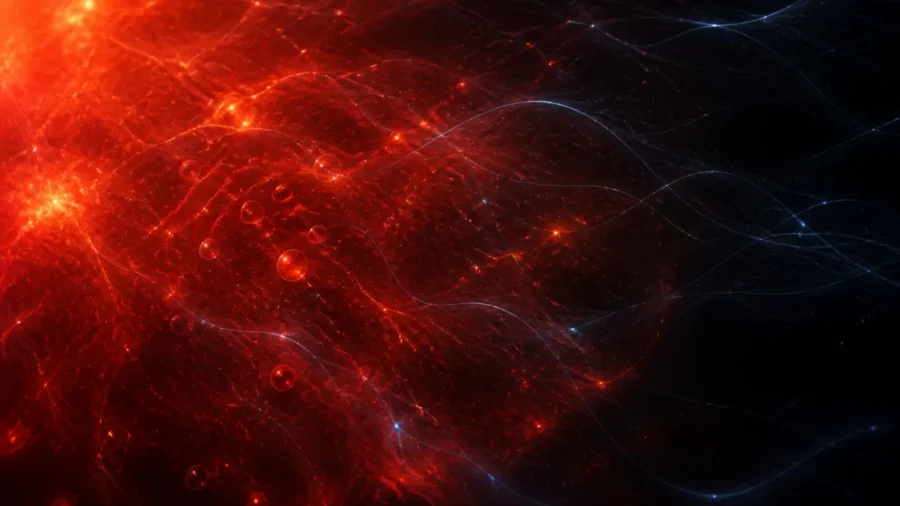 Abstract visualization of a hot early-universe plasma and a hypothetical dark-photon field