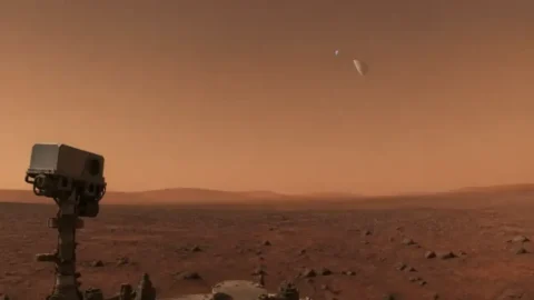 Editorial illustration of Earth passing behind Mars moon Phobos from the rover viewpoint