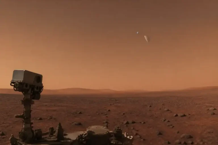Editorial illustration of Earth passing behind Mars moon Phobos from the rover viewpoint
