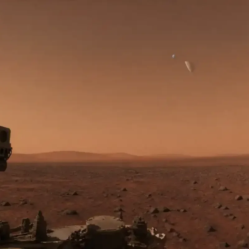 Editorial illustration of Earth passing behind Mars moon Phobos from the rover viewpoint