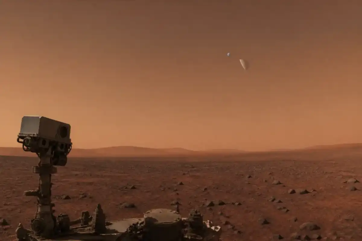 Editorial illustration of Earth passing behind Mars moon Phobos from the rover viewpoint