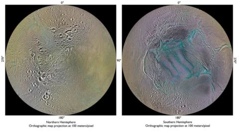 Saturn’s moon Enceladus with its south-polar tiger stripes.