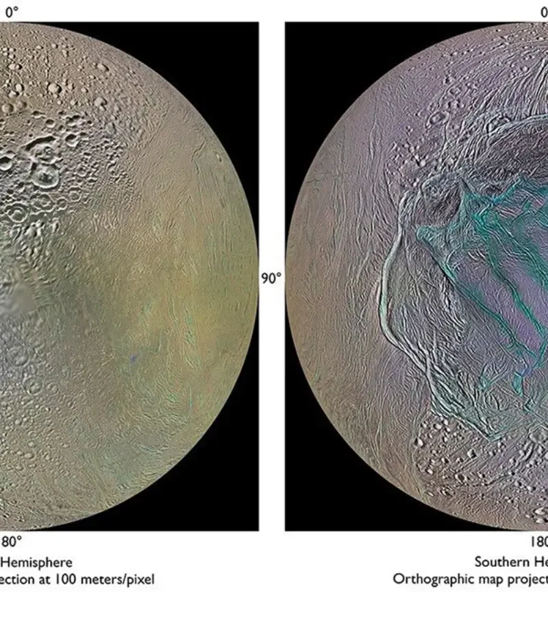 Saturn’s moon Enceladus with its south-polar tiger stripes.
