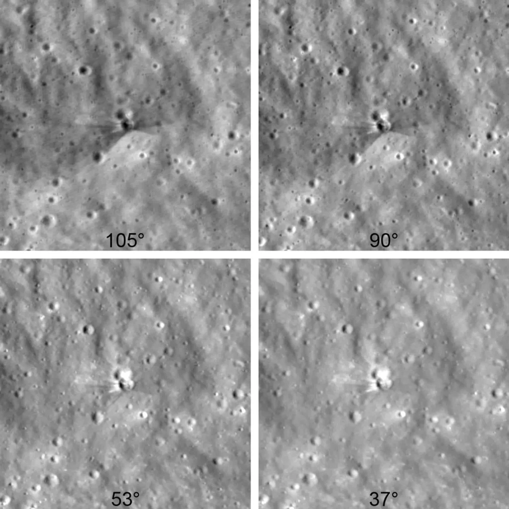 Four Lunar Reconnaissance Orbiter views of the Falcon 9 impact crater on the Moon