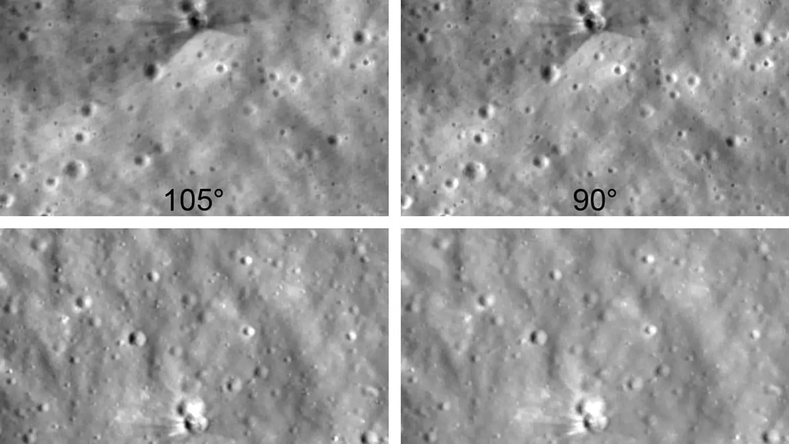 Four Lunar Reconnaissance Orbiter views of the Falcon 9 impact crater on the Moon