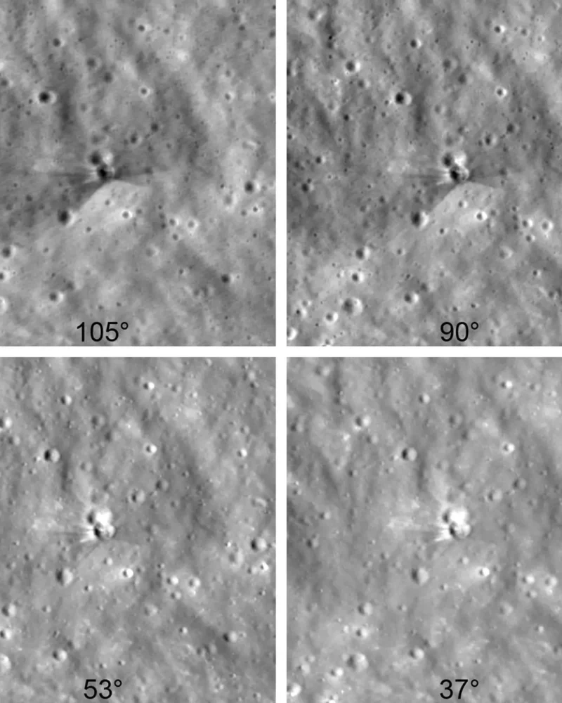 Four Lunar Reconnaissance Orbiter views of the Falcon 9 impact crater on the Moon