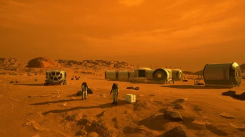 NASA concept illustration showing astronauts and habitats on the surface of Mars