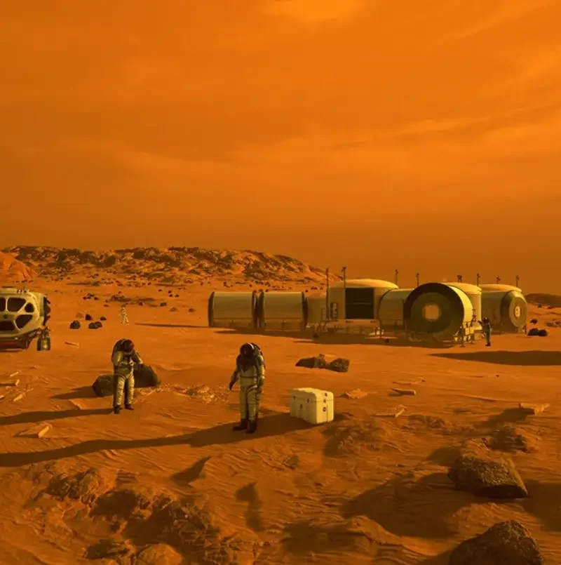 NASA concept illustration showing astronauts and habitats on the surface of Mars