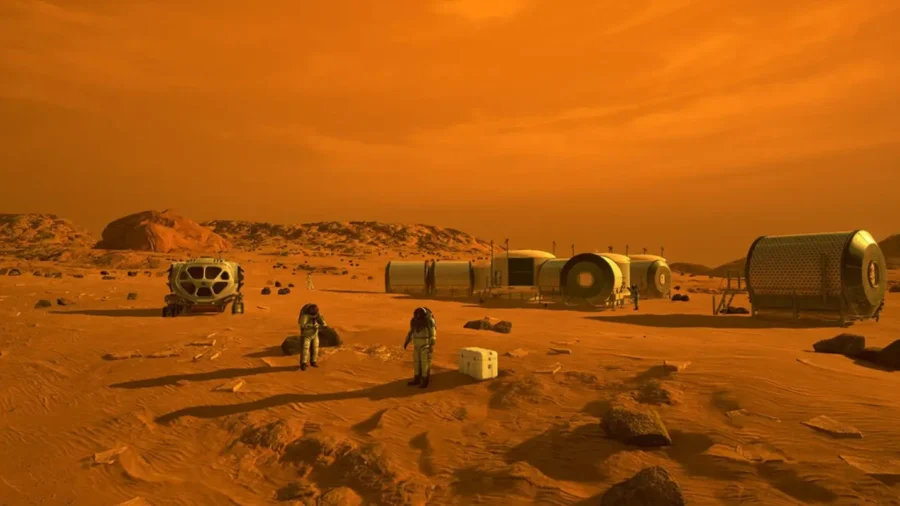 NASA concept illustration showing astronauts and habitats on the surface of Mars